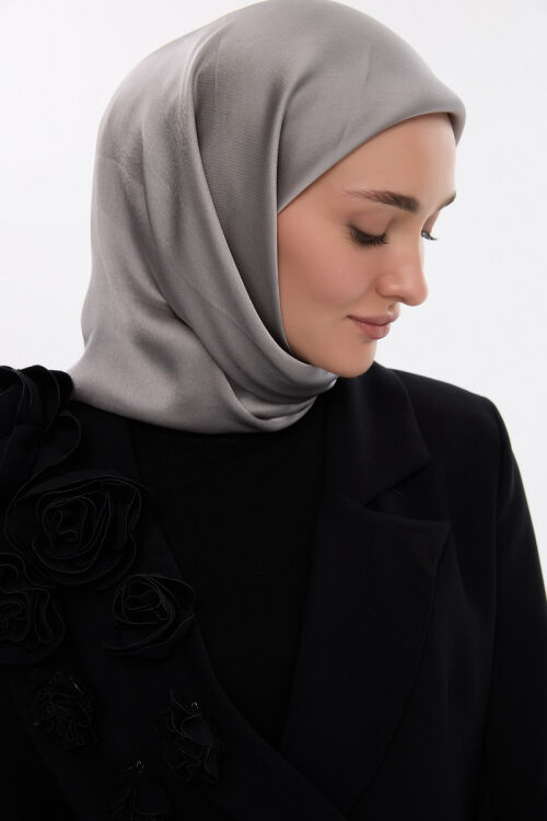 Abiye Saten Janjan Eşarp - Açık Gri 