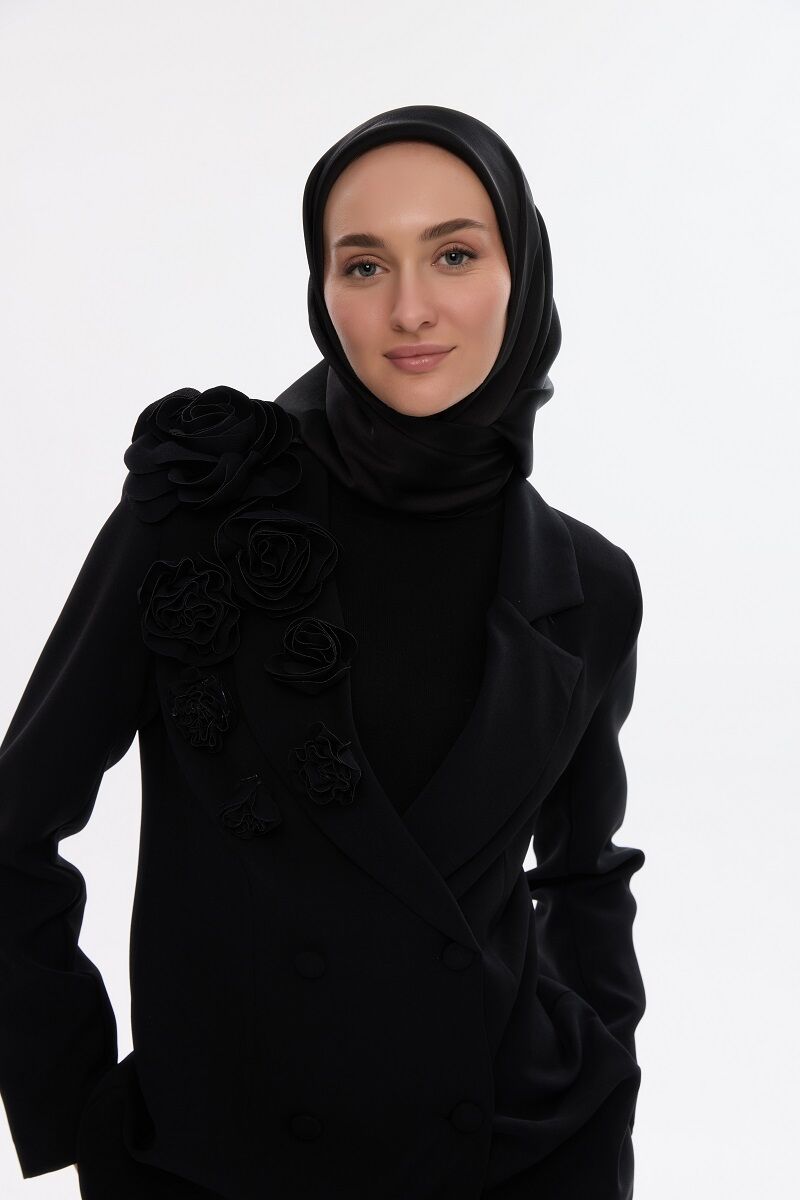 Abiye Saten Janjan Eşarp - Siyah - 4