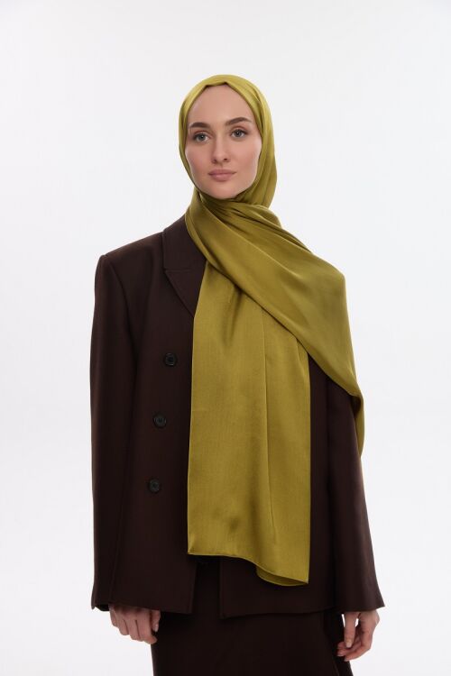 Abiye Saten Janjan Şal - Yağ Yeşili - Camellia Scarfs (1)