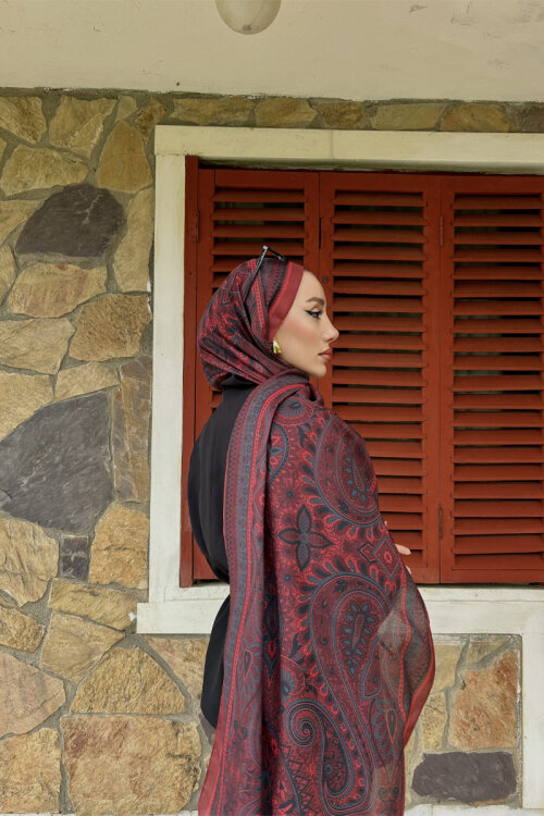 Allica Desen Şal - Kırmızı Gri - Camellia Scarfs (1)
