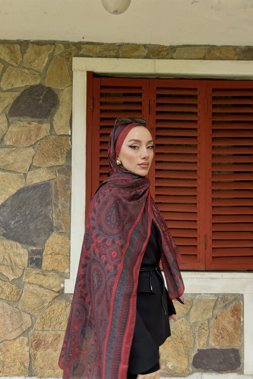 Allica Desen Şal - Kırmızı Gri - Camellia Scarfs