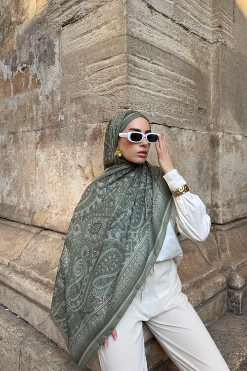 Allica Desen Şal - Zeytin Yeşili - Camellia Scarfs