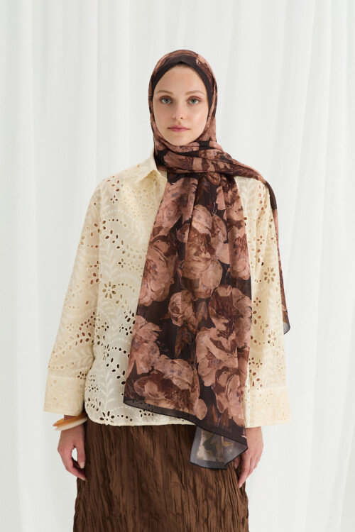 Aura İpek Krep Şal - Acı Kahve - Camellia Scarfs