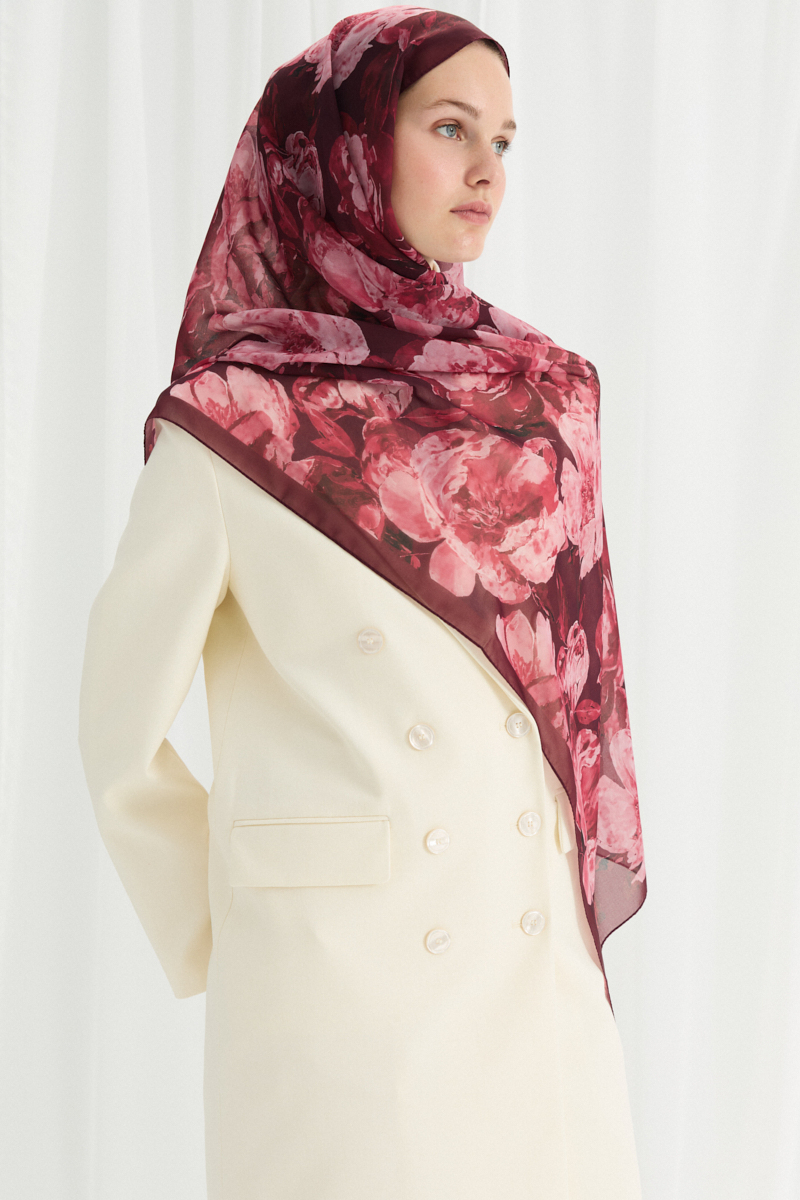 Aura İpek Krep Şal - Bordo - 3