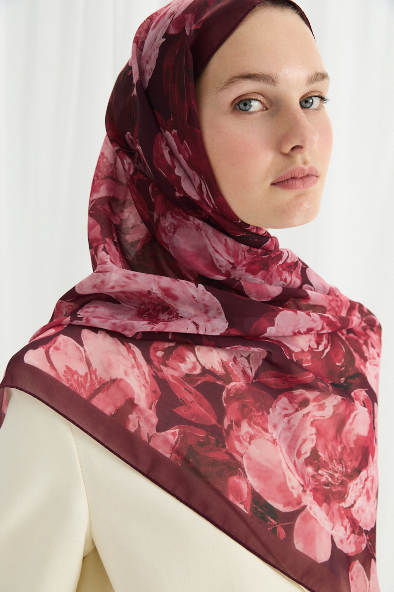 Aura İpek Krep Şal - Bordo - 4