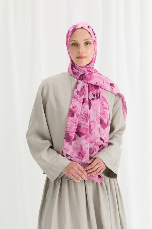 Aura İpek Krep Şal - Fuşya - Camellia Scarfs