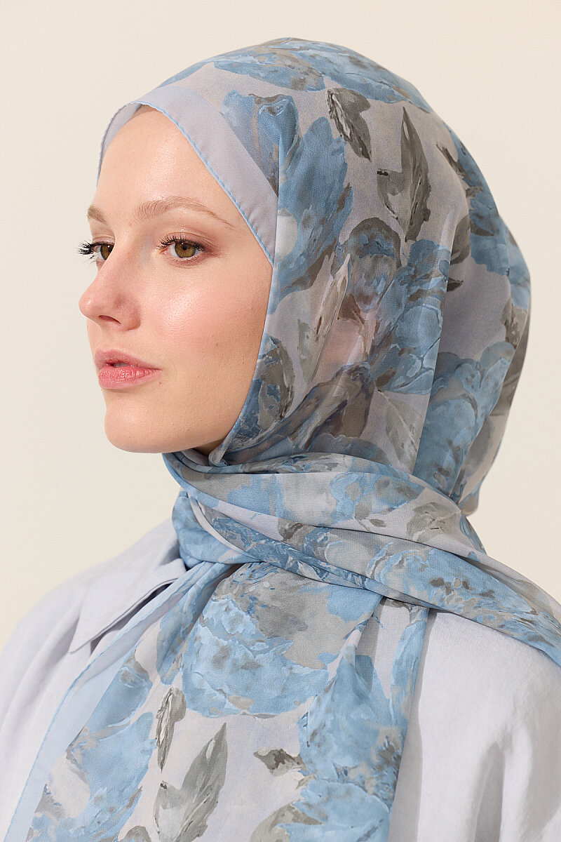 Aura İpek Krep Şal - Mavi - 4