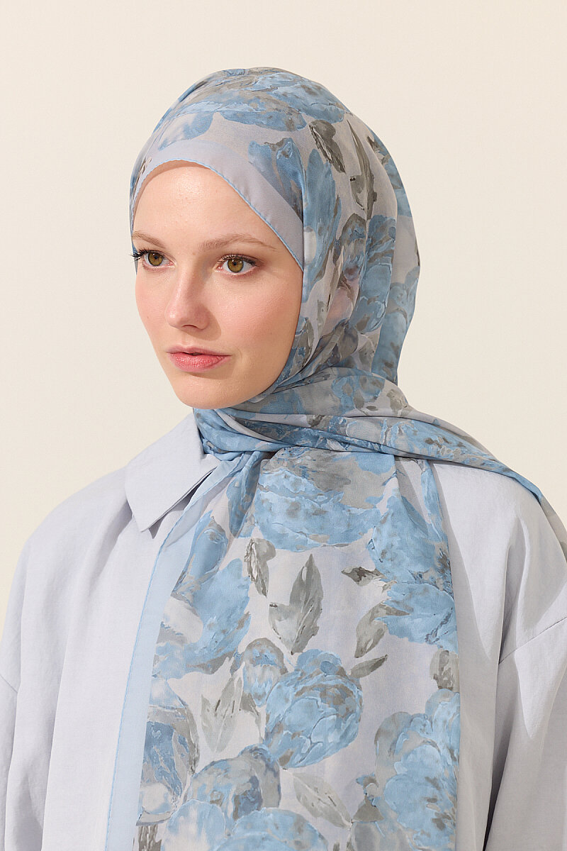 Aura İpek Krep Şal - Mavi - 3
