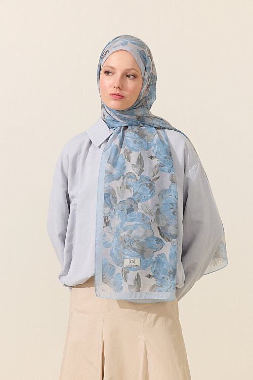 Aura İpek Krep Şal - Mavi - Camellia Scarfs