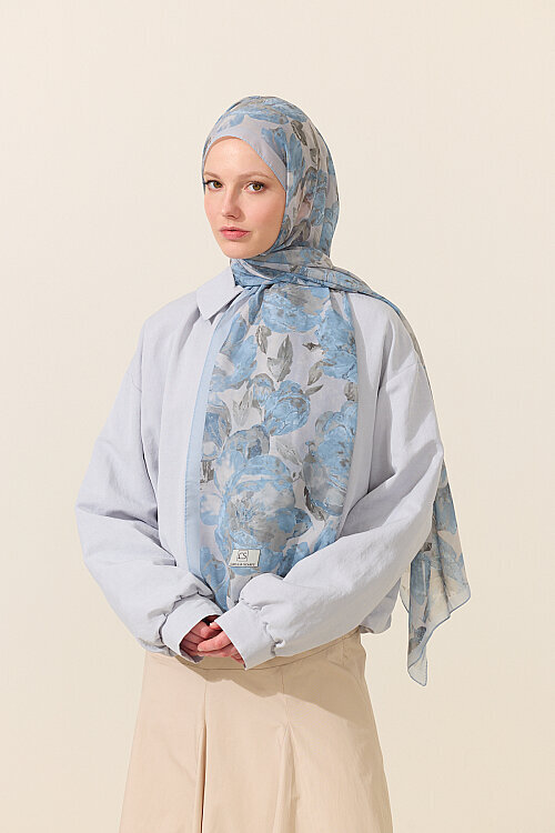 Aura İpek Krep Şal - Mavi - Camellia Scarfs (1)