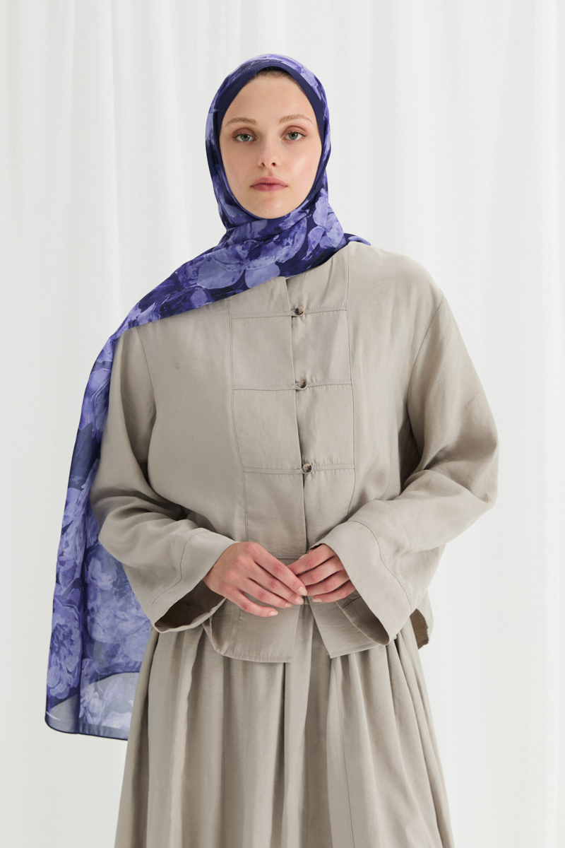 Aura İpek Krep Şal - Morcivert - 1