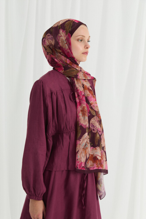 Aura İpek Krep Şal - Mürdüm - Camellia Scarfs (1)