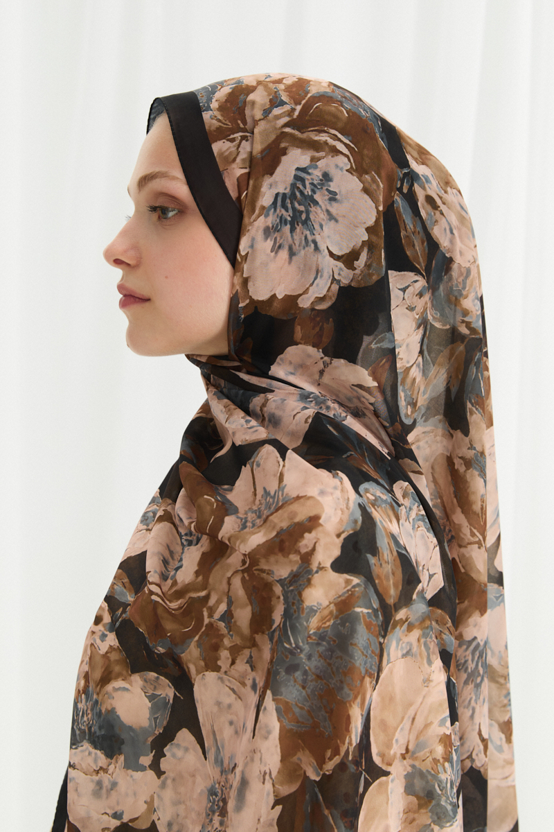 Aura İpek Krep Şal - Siyah-Bej - 4