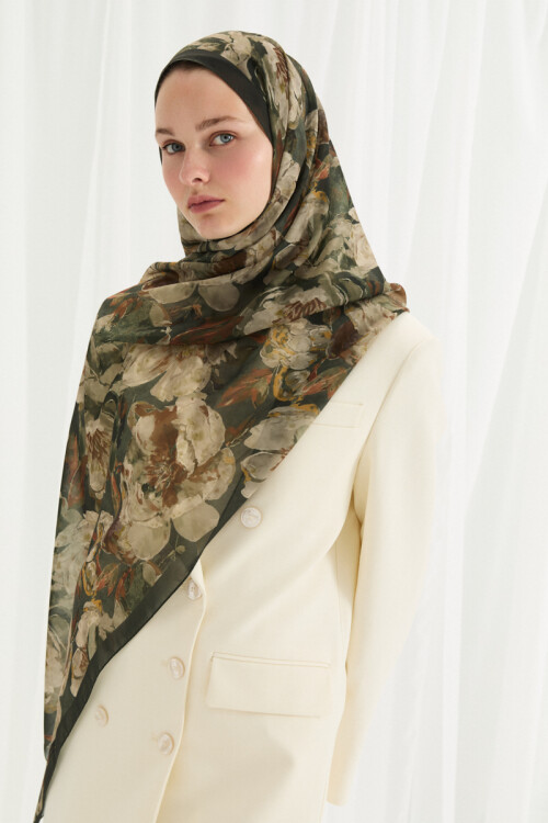 Aura İpek Krep Şal - Yeşil - Camellia Scarfs (1)