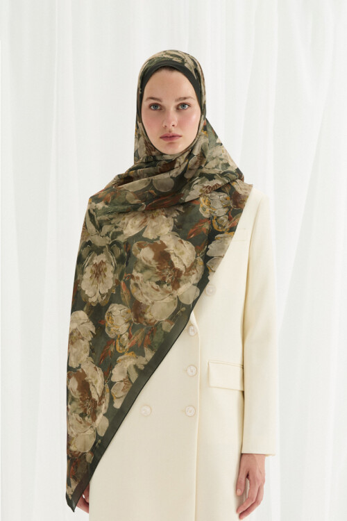Aura İpek Krep Şal - Yeşil - Camellia Scarfs