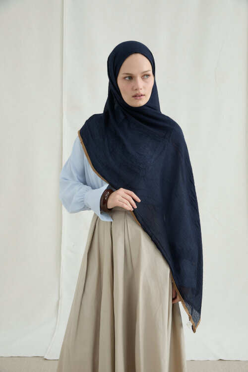 Biyeli Müslin Şal - Lacivert - Camellia Scarfs (1)