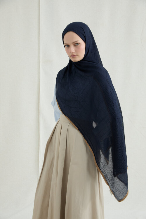 Biyeli Müslin Şal - Lacivert - Camellia Scarfs