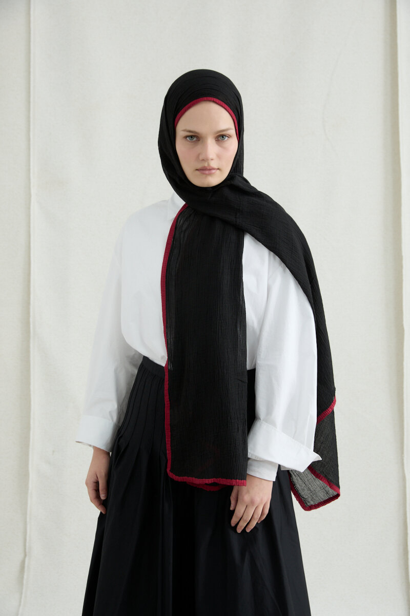 Biyeli Müslin Şal - Siyah - 1