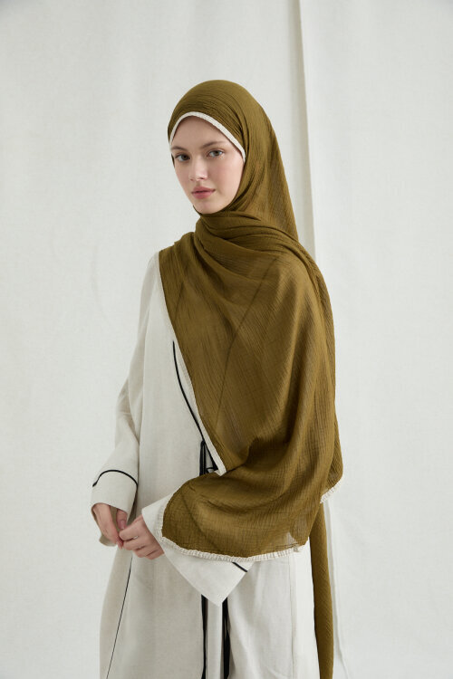 Biyeli Müslin Şal - Yağ Yeşili - Camellia Scarfs