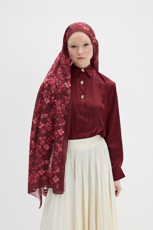 Blom Desen Soft Şal - Bordo - Camellia Scarfs