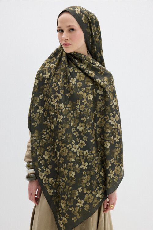 Blom Desen Soft Şal - Haki - Camellia Scarfs (1)