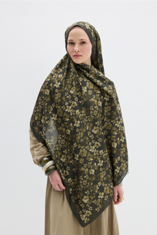 Blom Desen Soft Şal - Haki - Camellia Scarfs