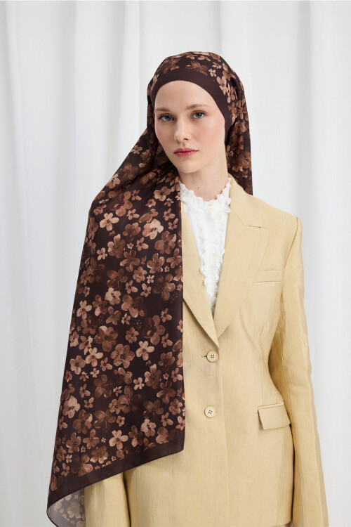 Blom Desen Soft Şal - Kahve - Camellia Scarfs