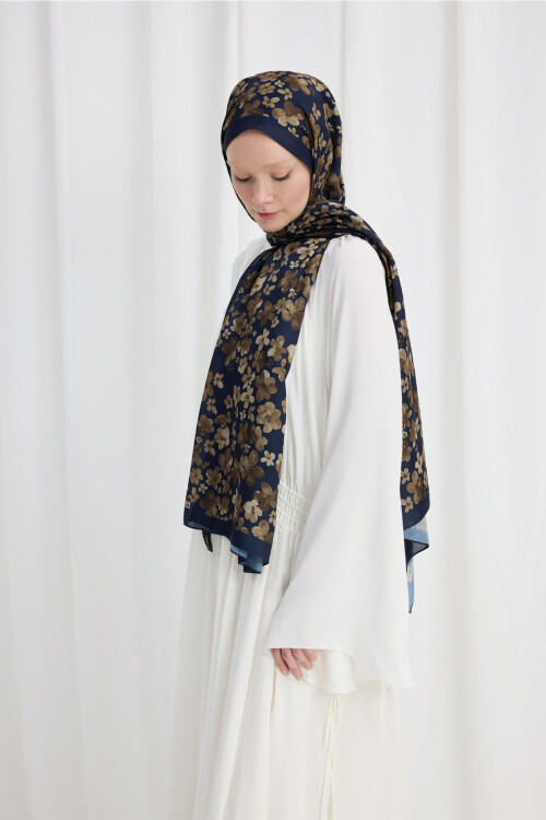 Blom Desen Soft Şal - Lacivert-Haki - Camellia Scarfs (1)