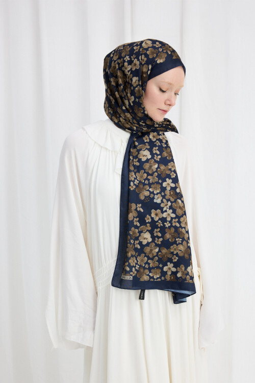 Blom Desen Soft Şal - Lacivert-Haki - Camellia Scarfs