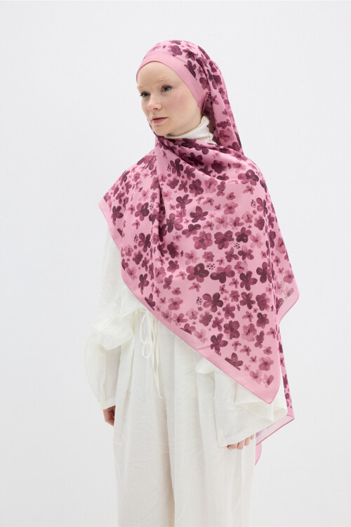 Blom Desen Soft Şal - Pembe - Camellia Scarfs (1)