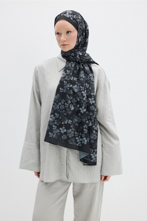 Blom Desen Soft Şal - Siyah - Camellia Scarfs (1)