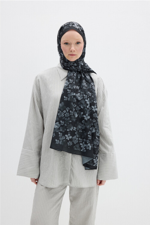 Blom Desen Soft Şal - Siyah - Camellia Scarfs