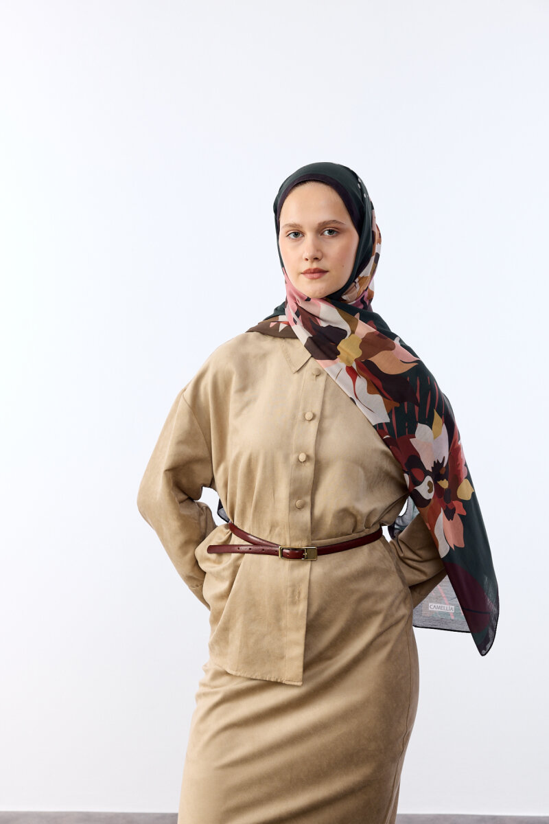 Camellia Desen Soft Şal - Kahve - 1