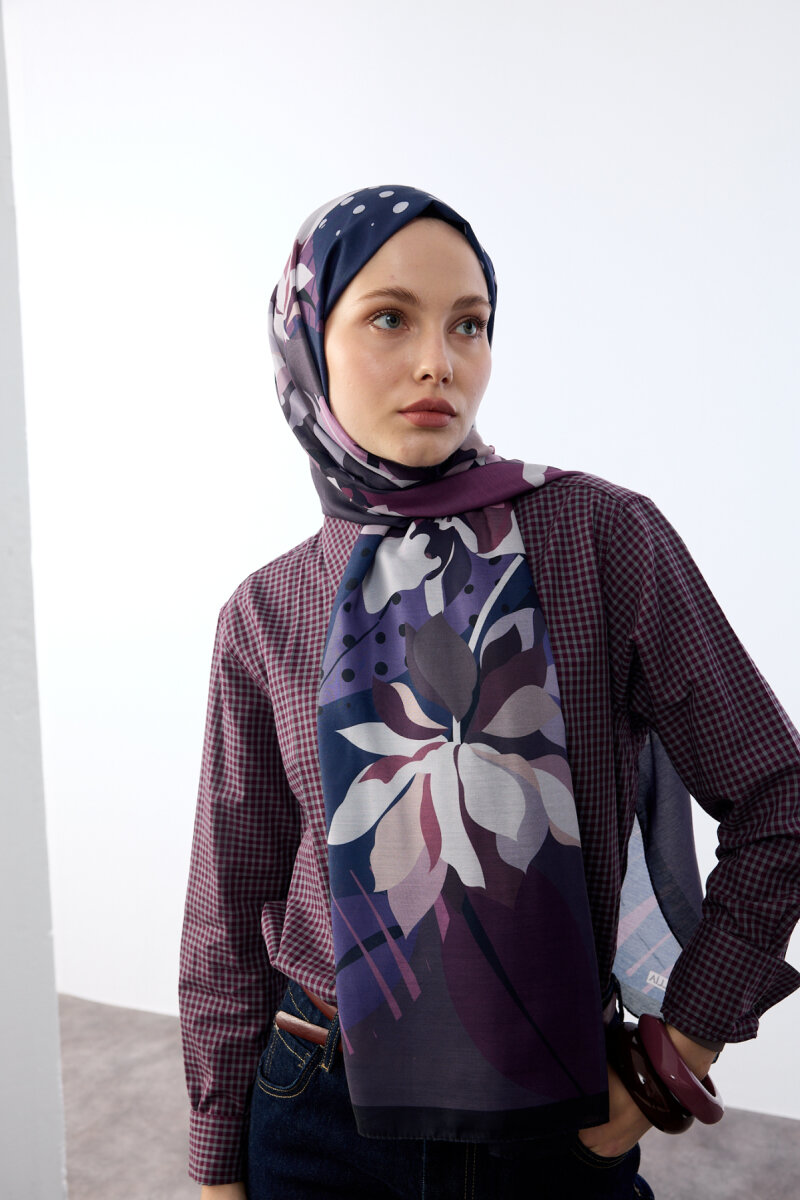 Camellia Desen Soft Şal - Koyu Mor - 3