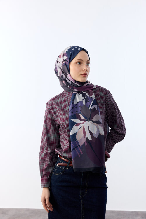 Camellia Desen Soft Şal - Koyu Mor - Camellia Scarfs (1)