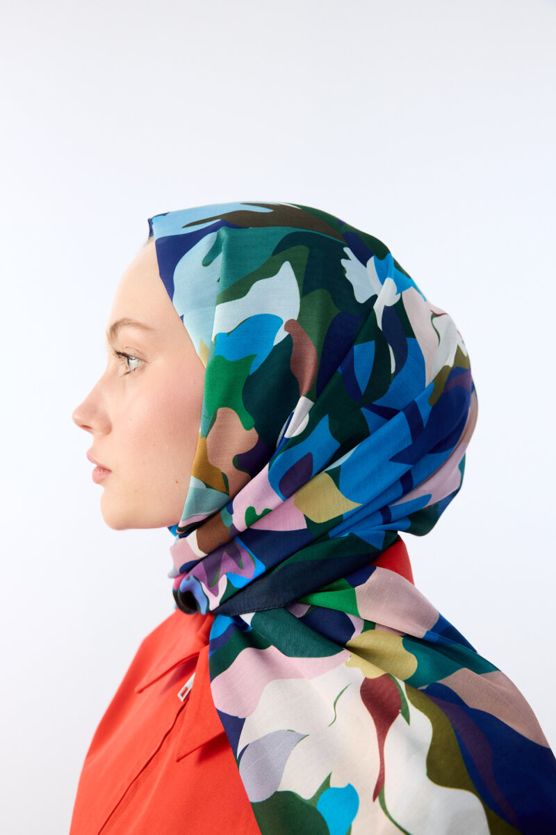 Camellia Desen Soft Şal - Lacivert Yeşil - 4