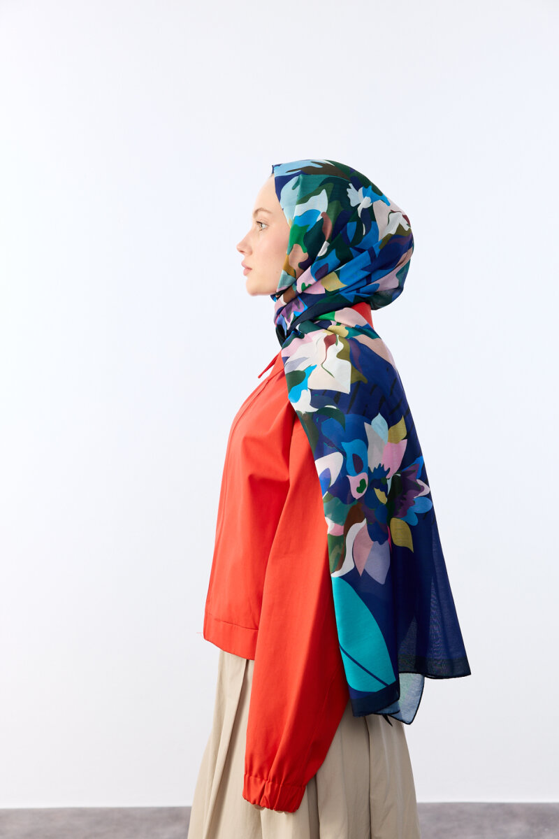 Camellia Desen Soft Şal - Lacivert Yeşil - 3