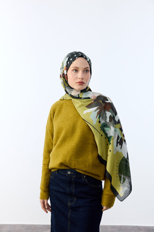 Camellia Desen Soft Şal - Yağ Yeşili - Camellia Scarfs