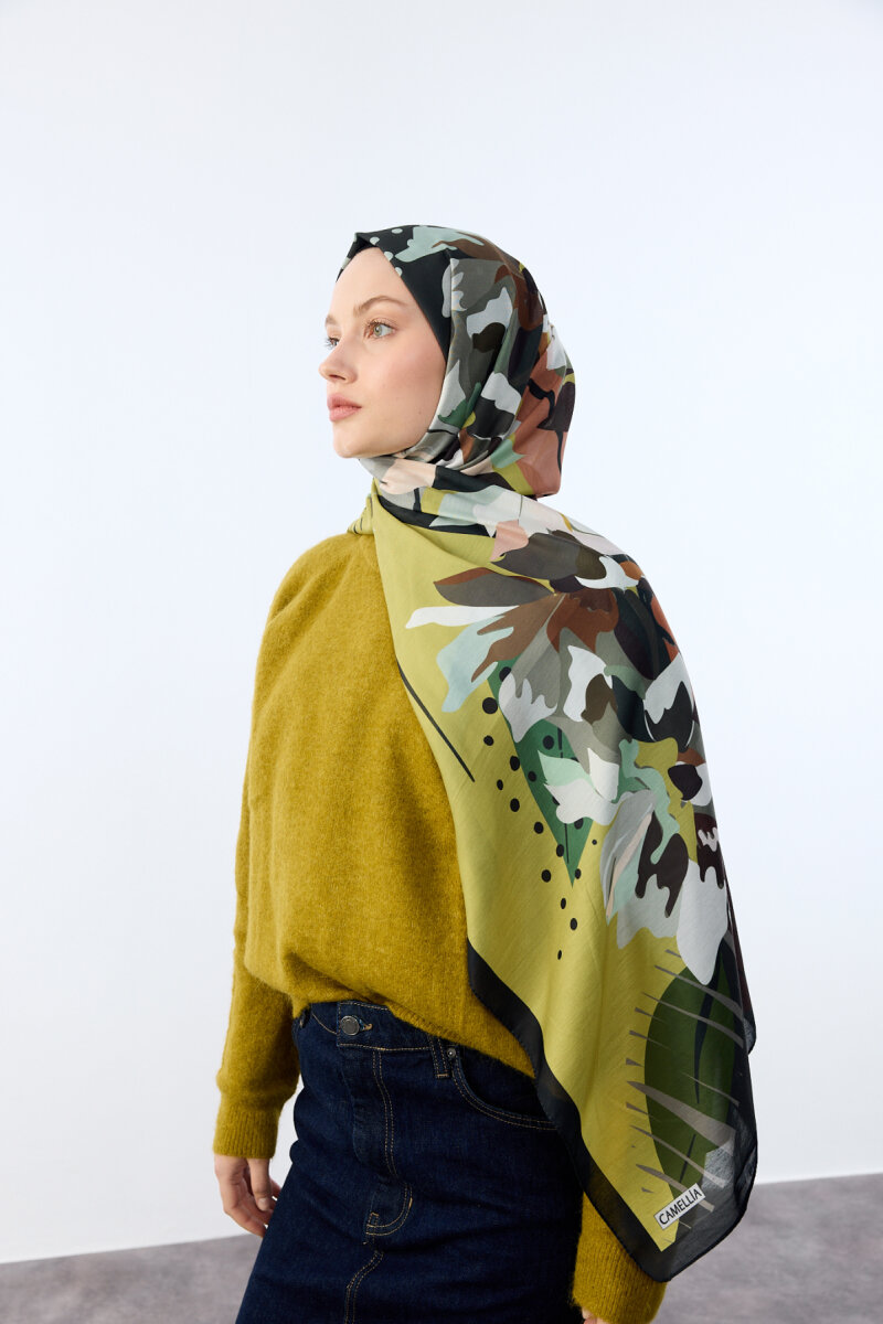 Camellia Desen Soft Şal - Yağ Yeşili - 2