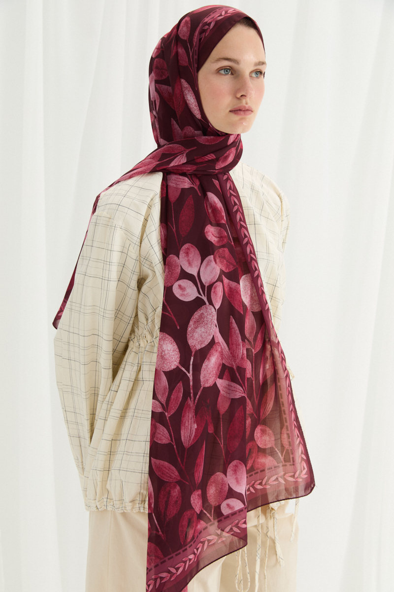 Camellia İpek Krep Şal - Bordo - 3