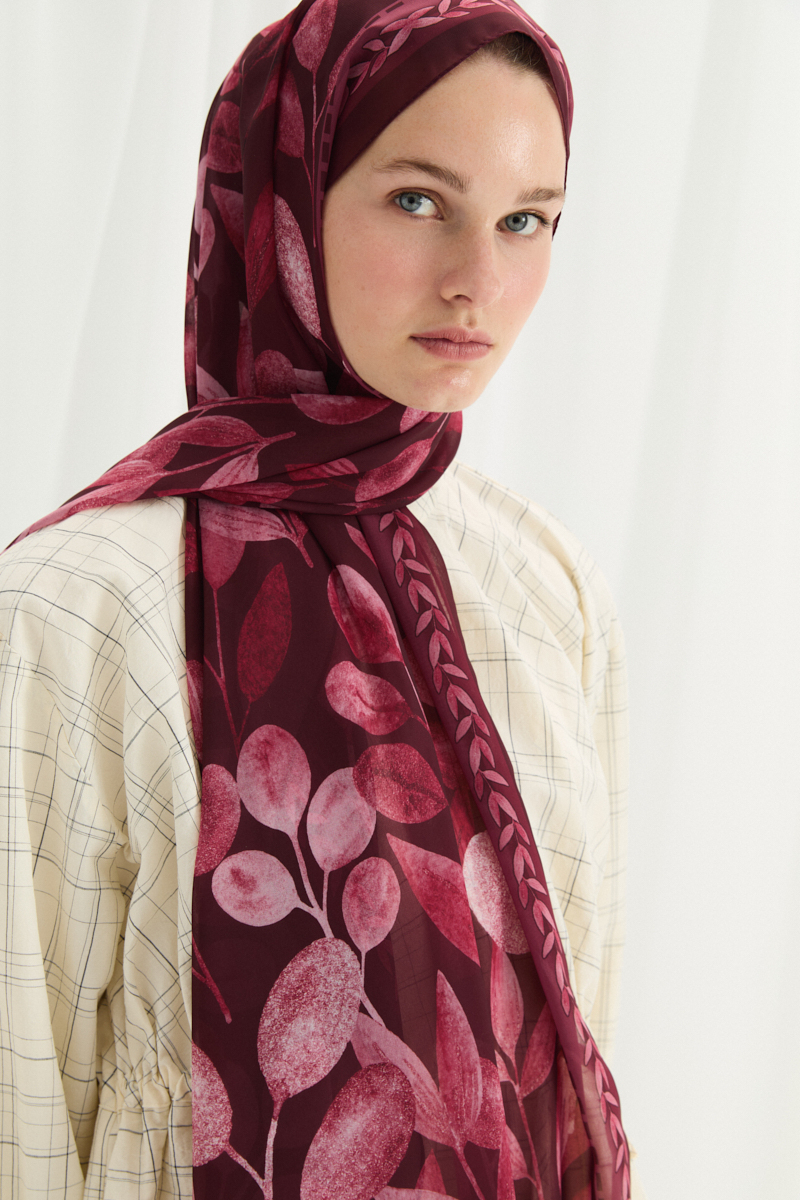 Camellia İpek Krep Şal - Bordo - 4