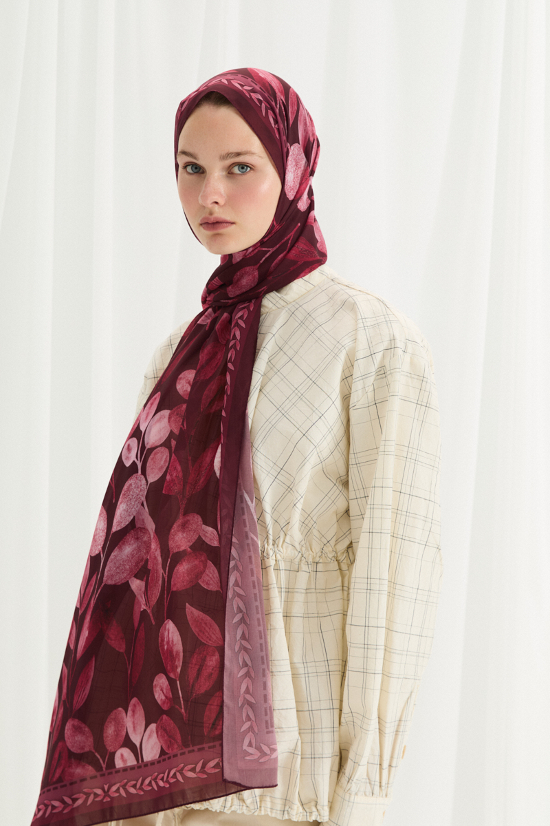 Camellia İpek Krep Şal - Bordo - 2