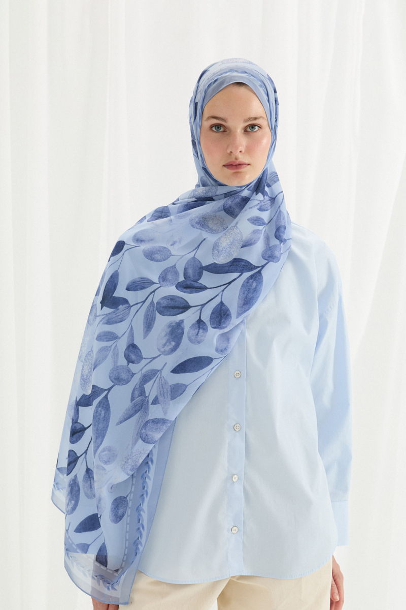 Camellia İpek Krep Şal - İndigo - 1