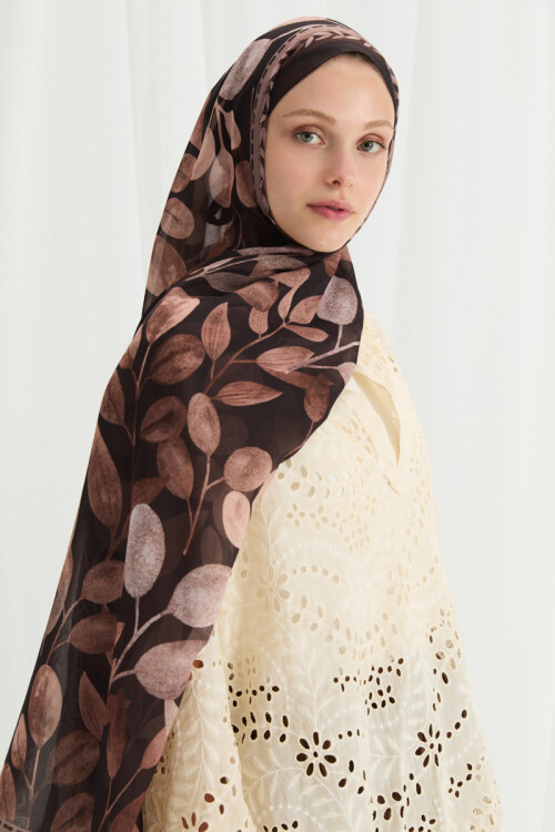Camellia İpek Krep Şal - Kahve - Camellia Scarfs (1)