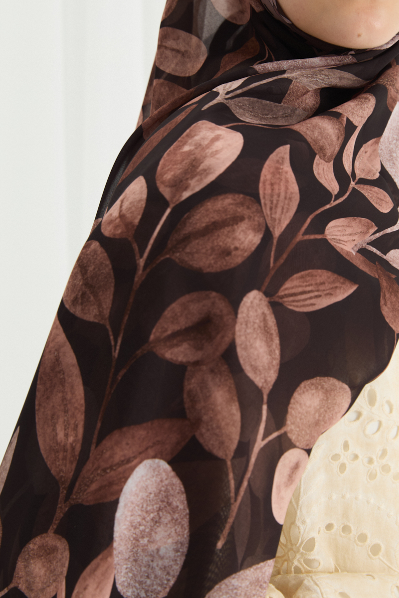 Camellia İpek Krep Şal - Kahve - 4