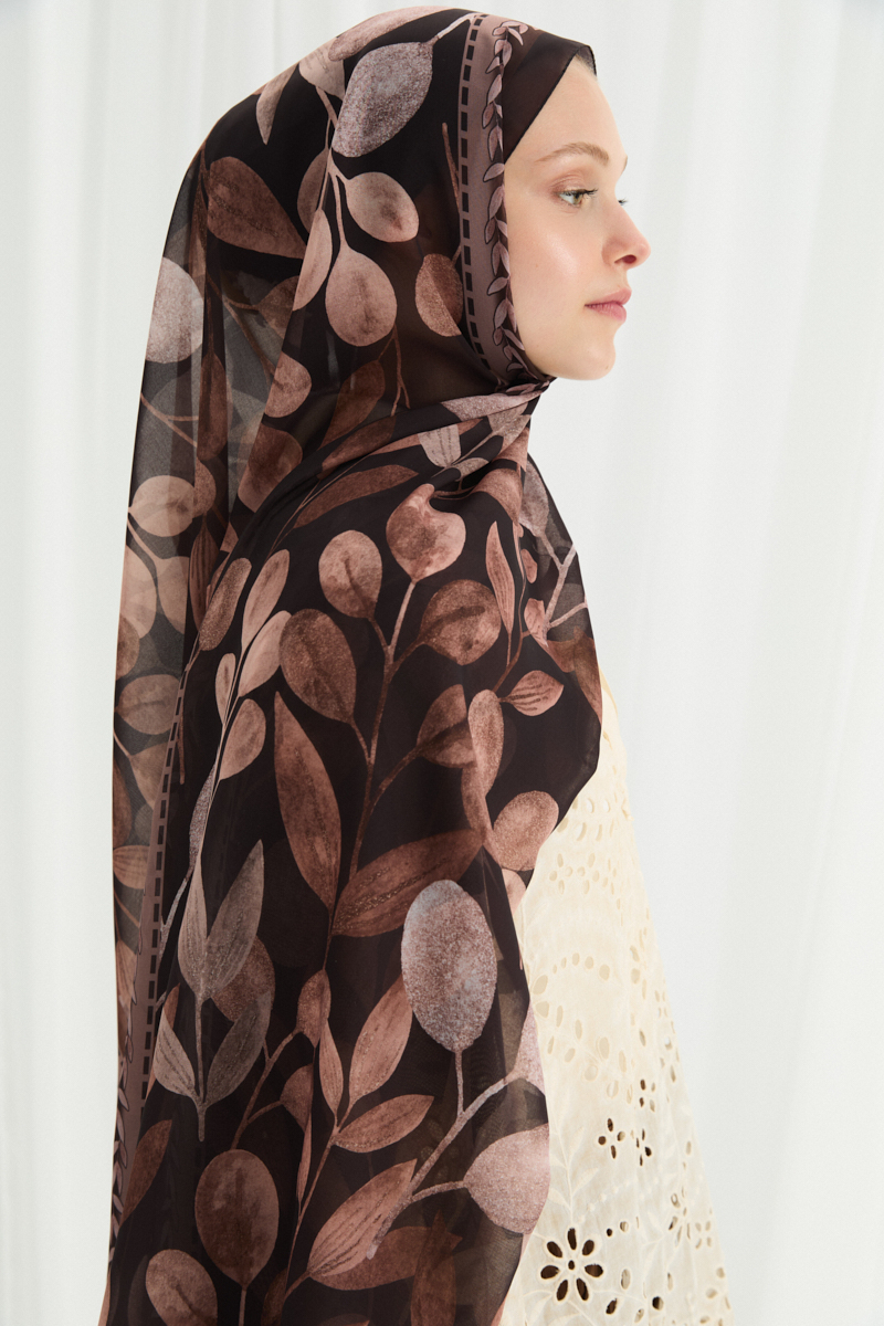 Camellia İpek Krep Şal - Kahve - 3