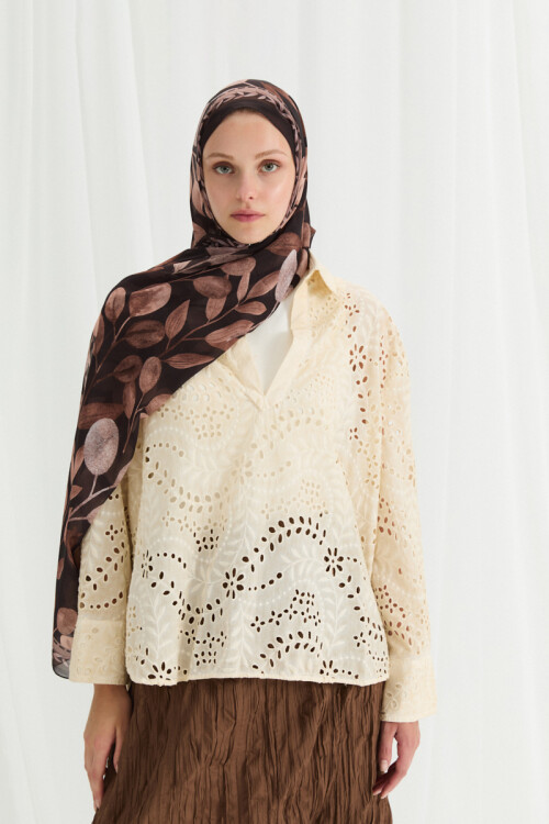 Camellia İpek Krep Şal - Kahve - Camellia Scarfs