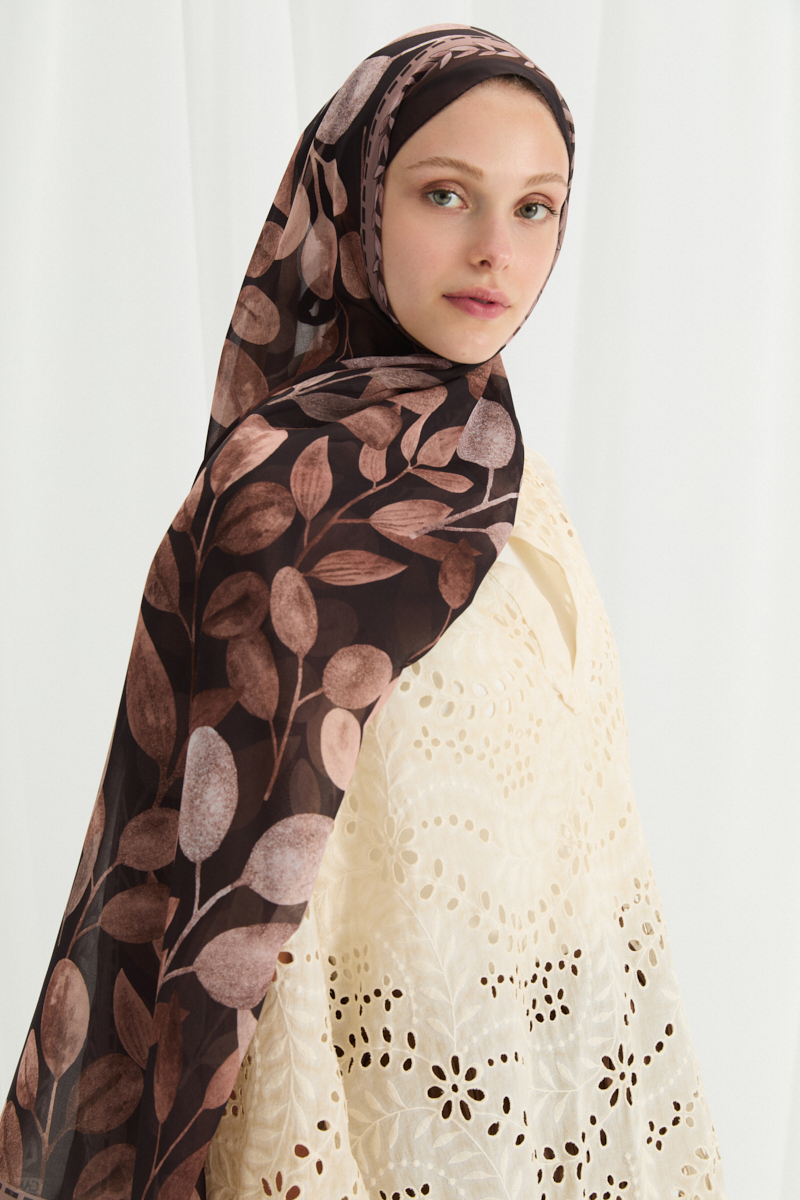 Camellia İpek Krep Şal - Kahve - 2