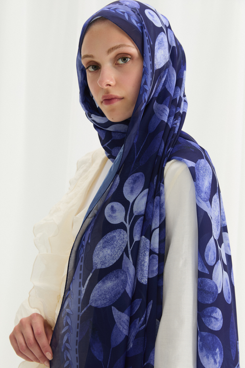 Camellia İpek Krep Şal - Lacivert - 4
