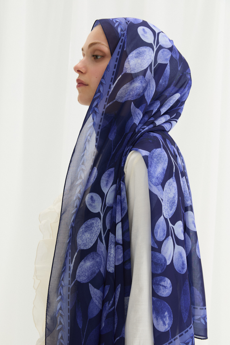 Camellia İpek Krep Şal - Lacivert - 3
